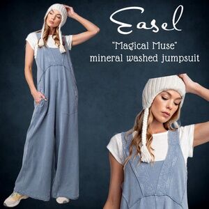 EASEL "Magical Muse" Mineral Washed Terry Knit Wide Leg Loose Fit Jumpsuit Blue
